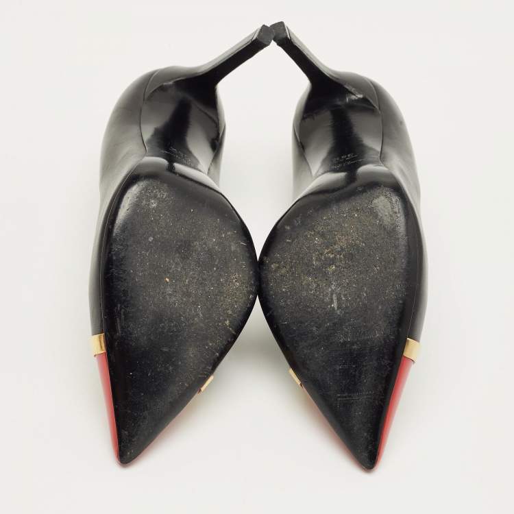 Pre Owned Saint Laurent Janis Size 35.5 Black/Red Leather Metal Trim Pointed Toe Pumps