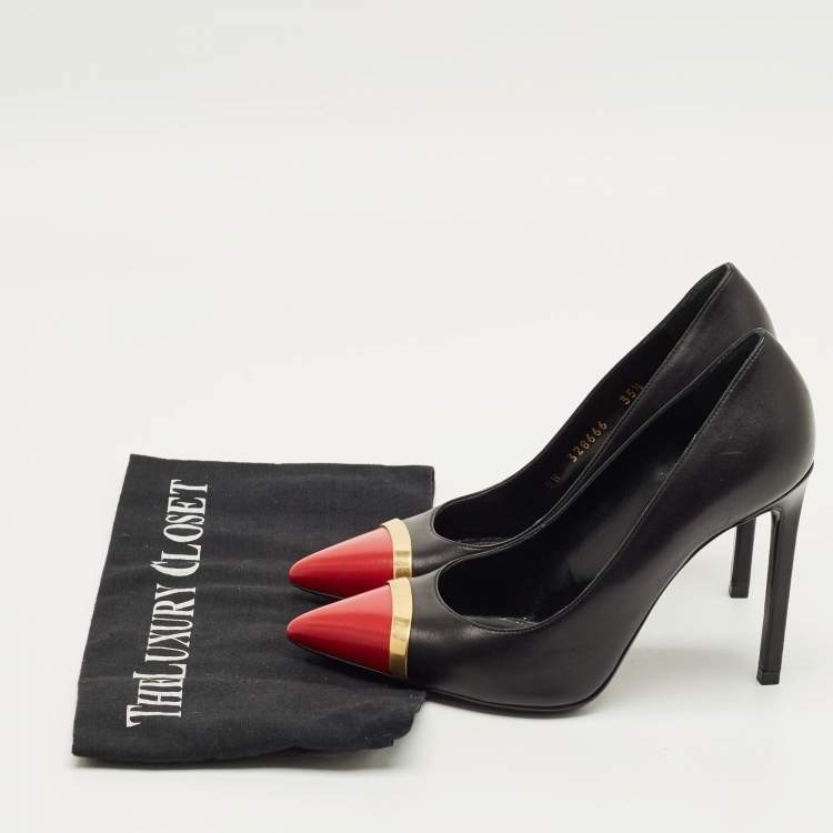 Pre Owned Saint Laurent Janis Size 35.5 Black/Red Leather Metal Trim Pointed Toe Pumps