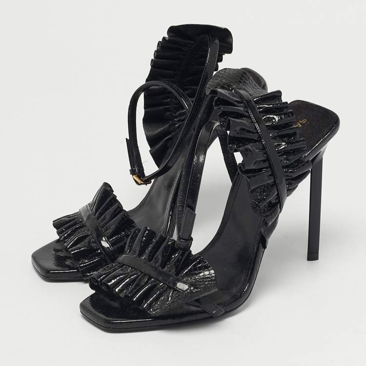 Pre Owned Saint Laurent Size 35 Black Snakeskin Embossed Patent Leather Ankle Strap Sandals