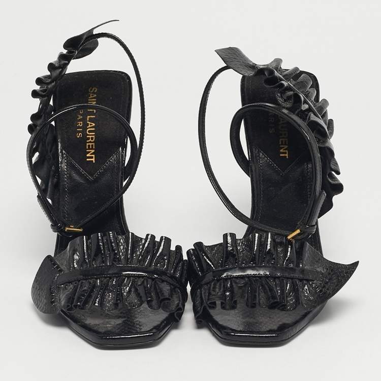 Pre Owned Saint Laurent Size 35 Black Snakeskin Embossed Patent Leather Ankle Strap Sandals