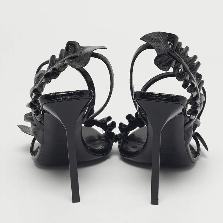 Pre Owned Saint Laurent Size 35 Black Snakeskin Embossed Patent Leather Ankle Strap Sandals