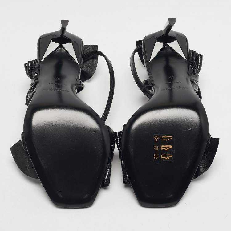 Pre Owned Saint Laurent Size 35 Black Snakeskin Embossed Patent Leather Ankle Strap Sandals