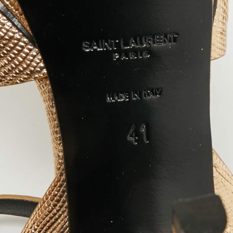 Pre Owned Saint Laurent Tribute Size 41 Metallic Gold Lizard Embossed Leather Platform Sandals