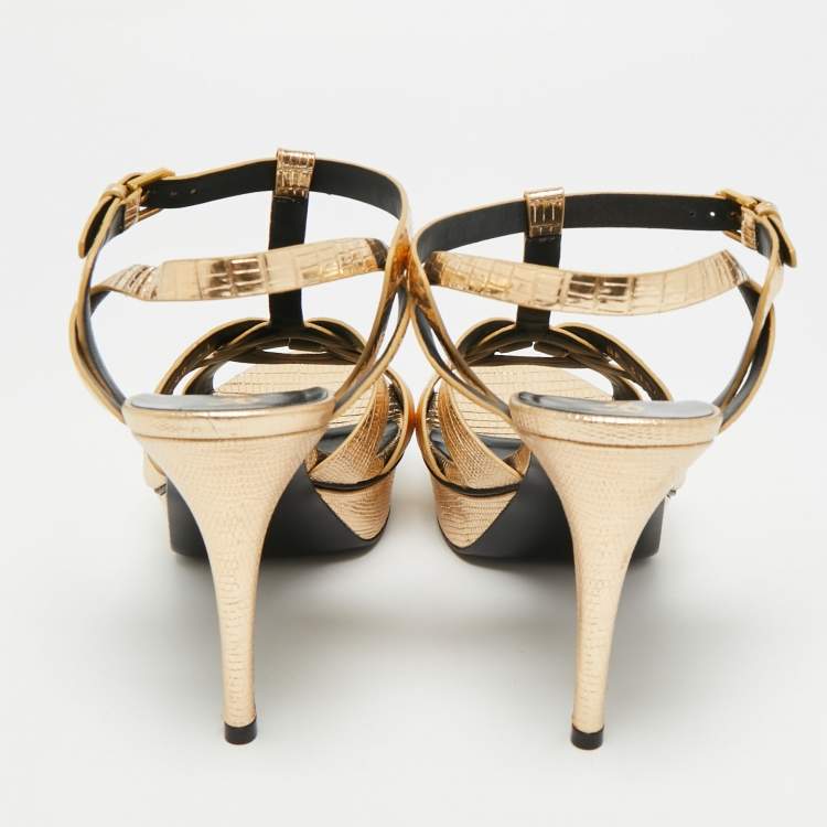 Pre Owned Saint Laurent Tribute Size 41 Metallic Gold Lizard Embossed Leather Platform Sandals