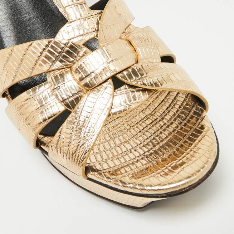 Pre Owned Saint Laurent Tribute Size 41 Metallic Gold Lizard Embossed Leather Platform Sandals