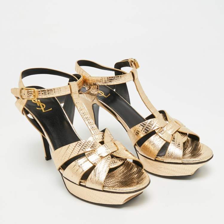 Pre Owned Saint Laurent Tribute Size 41 Metallic Gold Lizard Embossed Leather Platform Sandals