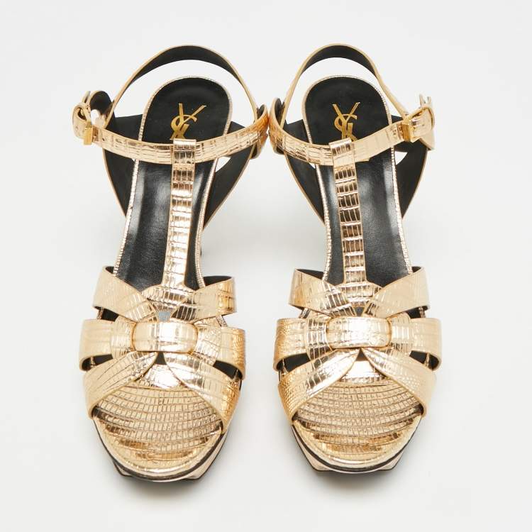 Pre Owned Saint Laurent Tribute Size 41 Metallic Gold Lizard Embossed Leather Platform Sandals