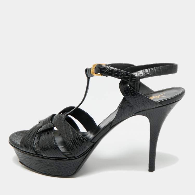 Pre Owned Saint Laurent Tribute Size 41.5 Black Lizard Embossed Leather Platform Sandals