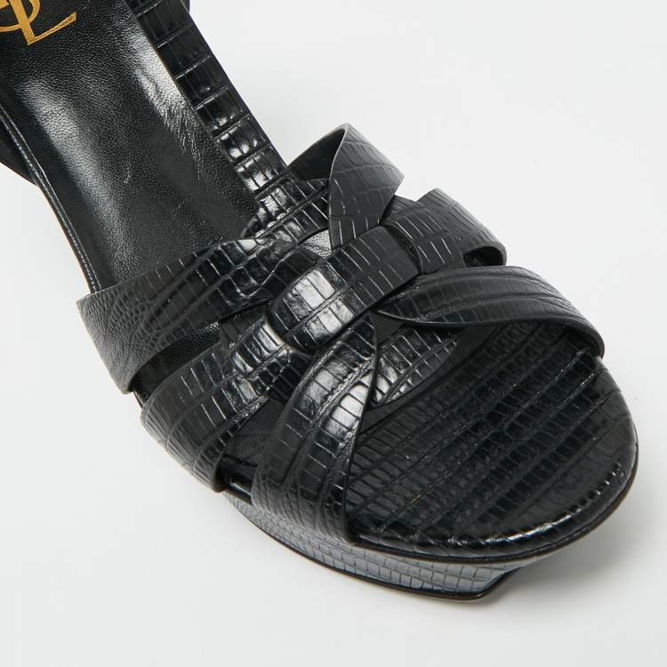 Pre Owned Saint Laurent Tribute Size 41.5 Black Lizard Embossed Leather Platform Sandals
