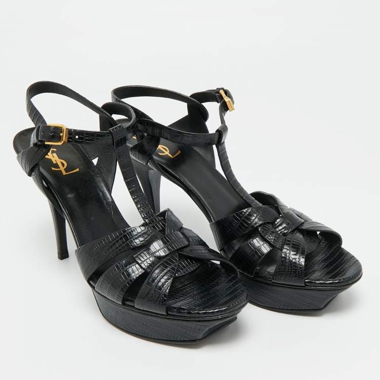 Pre Owned Saint Laurent Tribute Size 41.5 Black Lizard Embossed Leather Platform Sandals