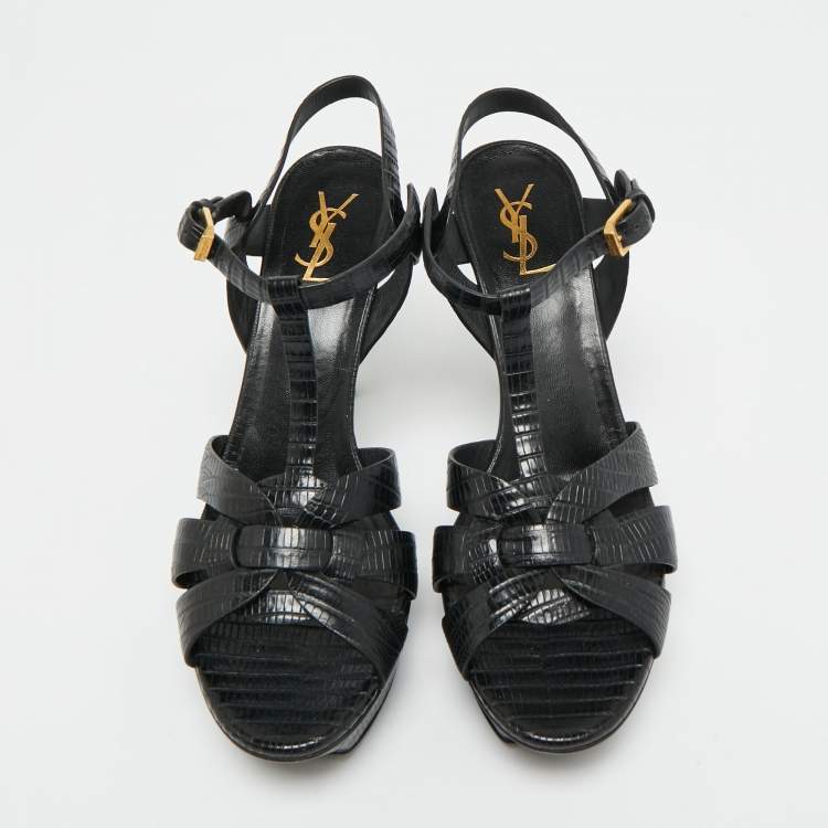 Pre Owned Saint Laurent Tribute Size 41.5 Black Lizard Embossed Leather Platform Sandals