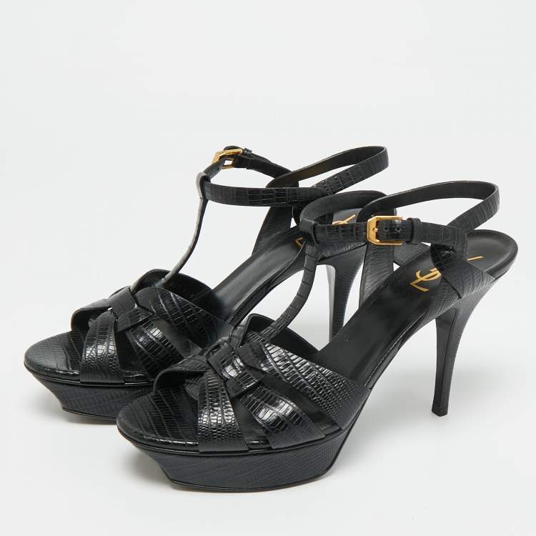 Pre Owned Saint Laurent Tribute Size 41.5 Black Lizard Embossed Leather Platform Sandals