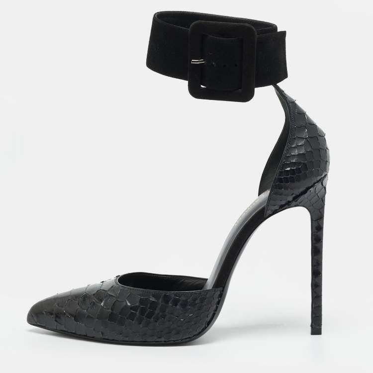 Pre Owned Saint Laurent Escarpin Size 39.5 Black Python and Suede Ankle Cuff Pumps