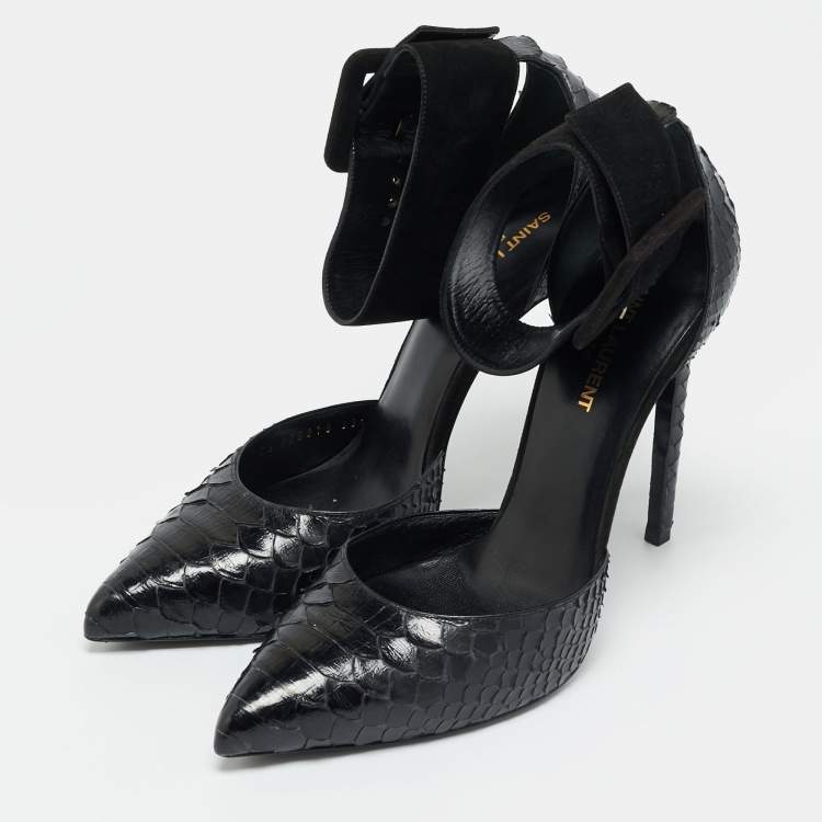 Pre Owned Saint Laurent Escarpin Size 39.5 Black Python and Suede Ankle Cuff Pumps