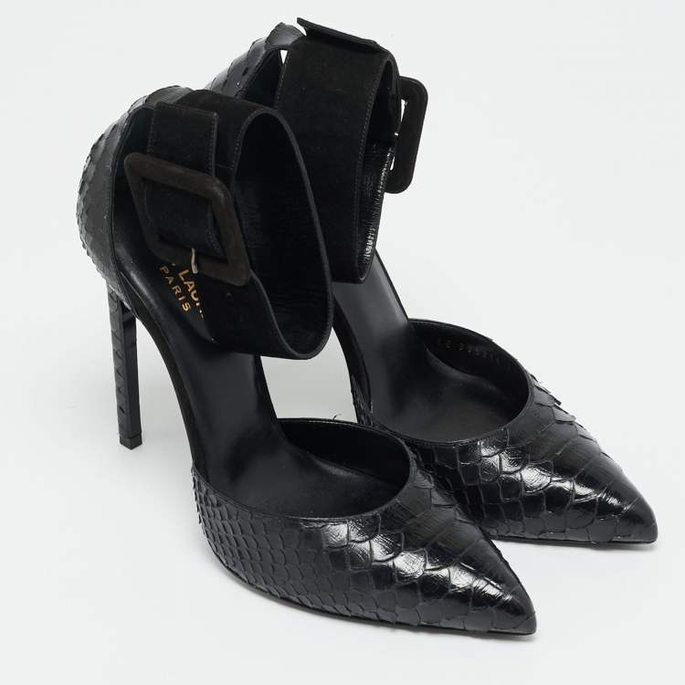 Pre Owned Saint Laurent Escarpin Size 39.5 Black Python and Suede Ankle Cuff Pumps