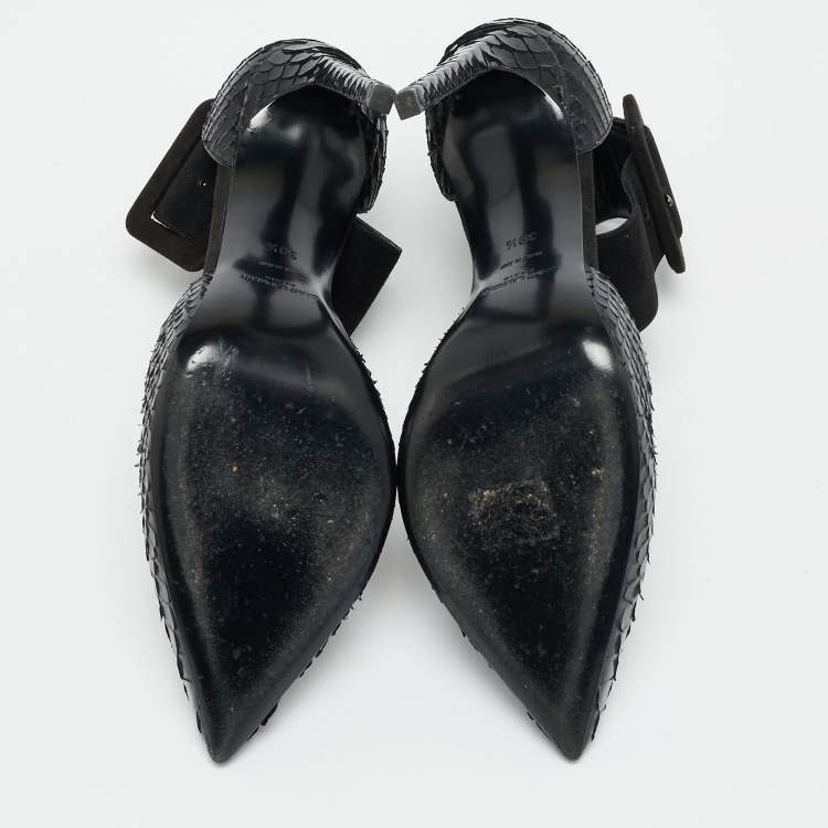 Pre Owned Saint Laurent Escarpin Size 39.5 Black Python and Suede Ankle Cuff Pumps