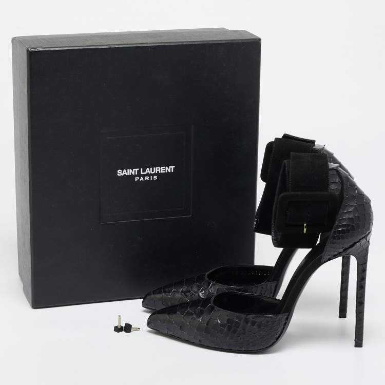 Pre Owned Saint Laurent Escarpin Size 39.5 Black Python and Suede Ankle Cuff Pumps