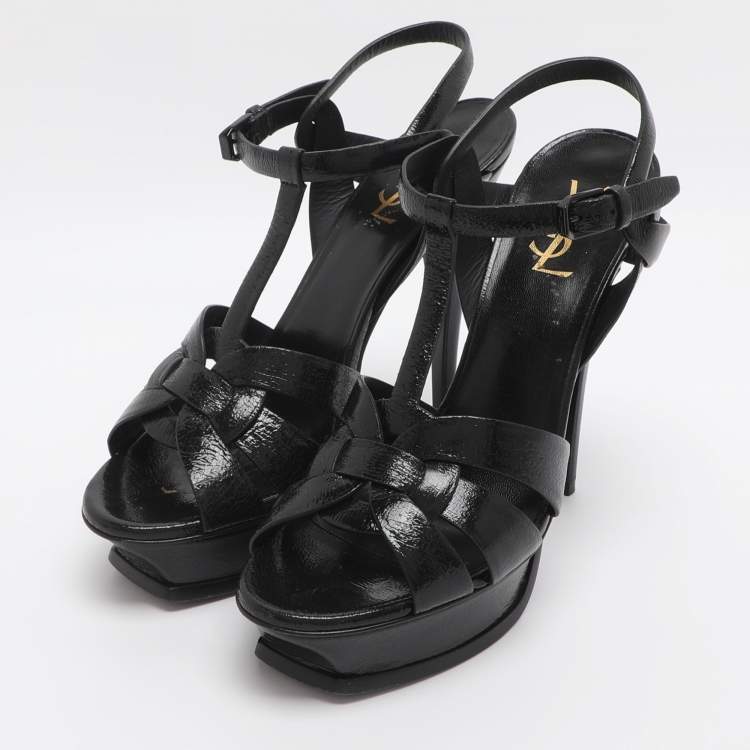 Pre Owned Saint Laurent Paris Tribute Size 40 Black Patent Leather Platform Sandals