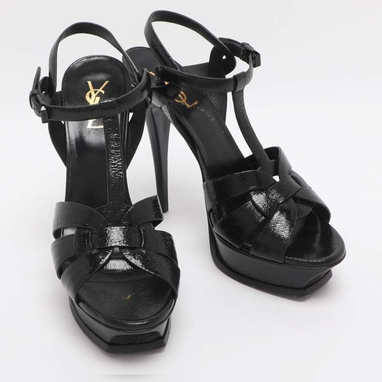 Pre Owned Saint Laurent Paris Tribute Size 40 Black Patent Leather Platform Sandals