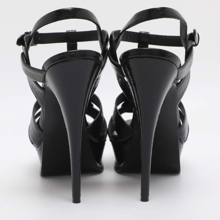 Pre Owned Saint Laurent Paris Tribute Size 40 Black Patent Leather Platform Sandals