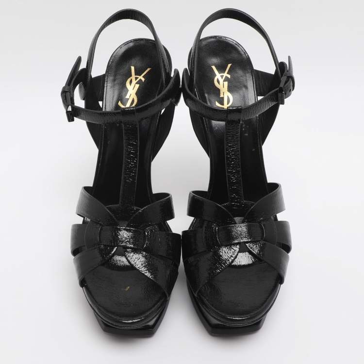 Pre Owned Saint Laurent Paris Tribute Size 40 Black Patent Leather Platform Sandals