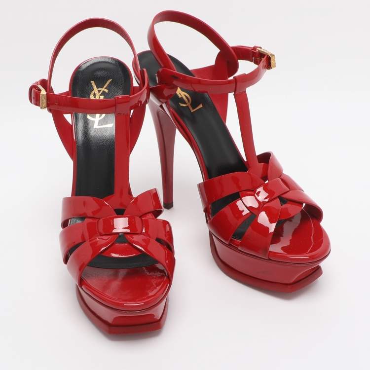 مملوكة مسبقًا Saint Laurent Paris Tribute Size 38.5 Red Patent Leather Platform Sandals