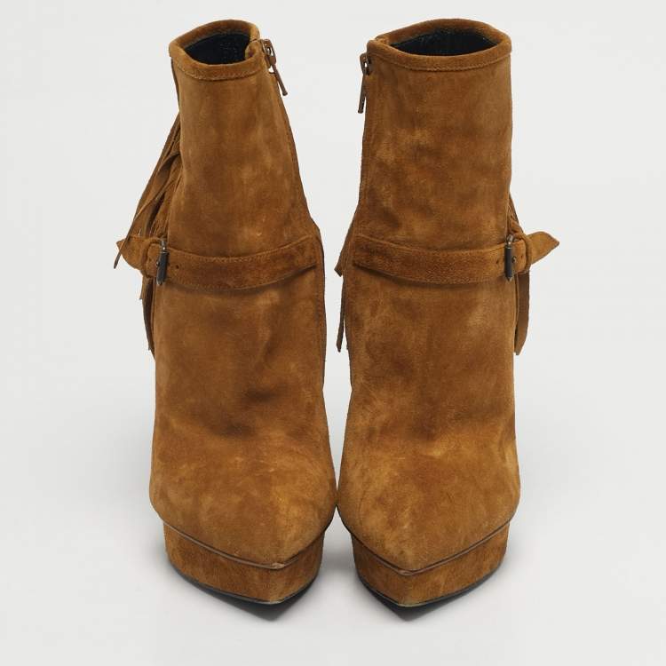 Pre Owned Saint Laurent Size 38 Brown Suede western fringe Platform Ankle Length Boots
