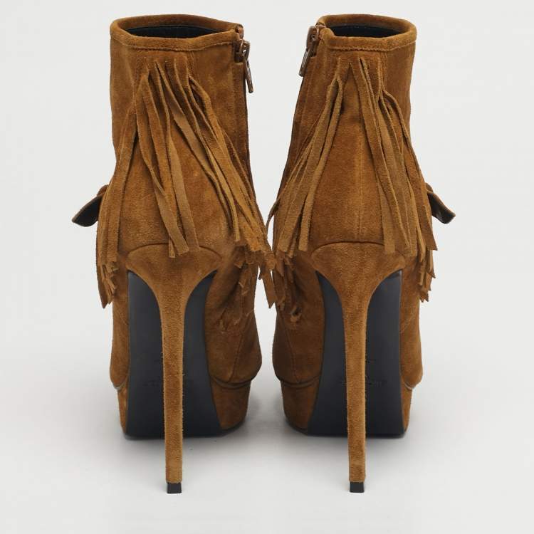 Pre Owned Saint Laurent Size 38 Brown Suede western fringe Platform Ankle Length Boots