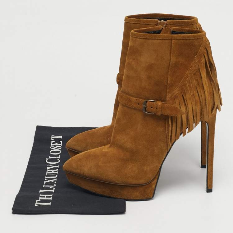 Pre Owned Saint Laurent Size 38 Brown Suede western fringe Platform Ankle Length Boots