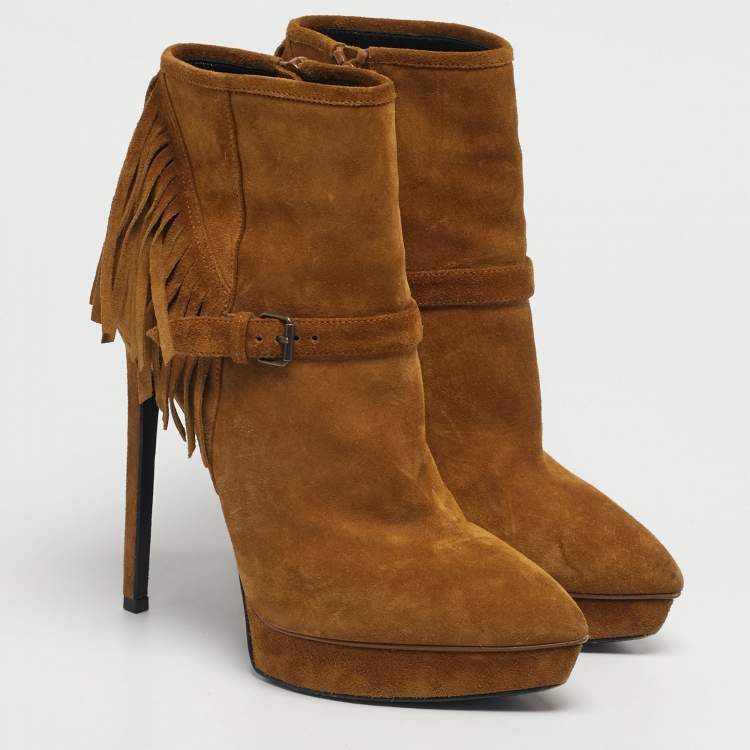Pre Owned Saint Laurent Size 38 Brown Suede western fringe Platform Ankle Length Boots