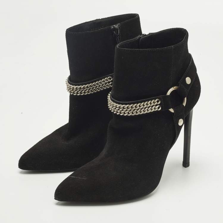 Pre Owned Saint Laurent Harness Chain Size 37.5 Black Suede Ankle Length Boots