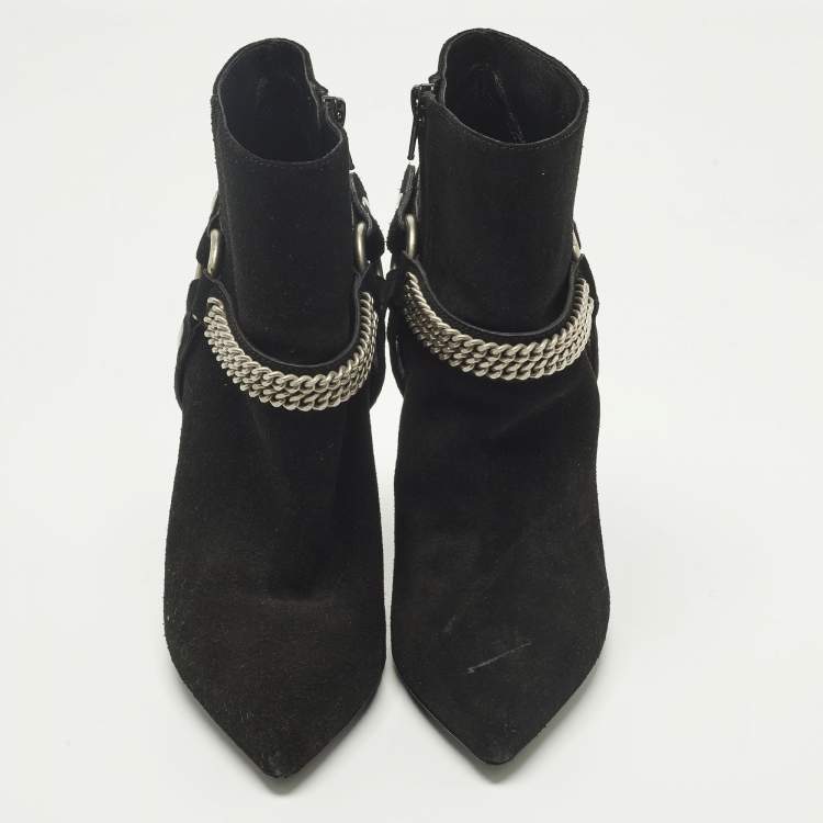 Pre Owned Saint Laurent Harness Chain Size 37.5 Black Suede Ankle Length Boots