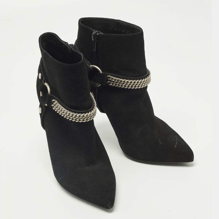 Pre Owned Saint Laurent Harness Chain Size 37.5 Black Suede Ankle Length Boots