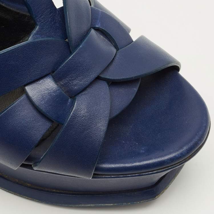 Pre Owned Saint Laurent Paris Tribute Size 37.5 Blue Leather Ankle Strap Sandals