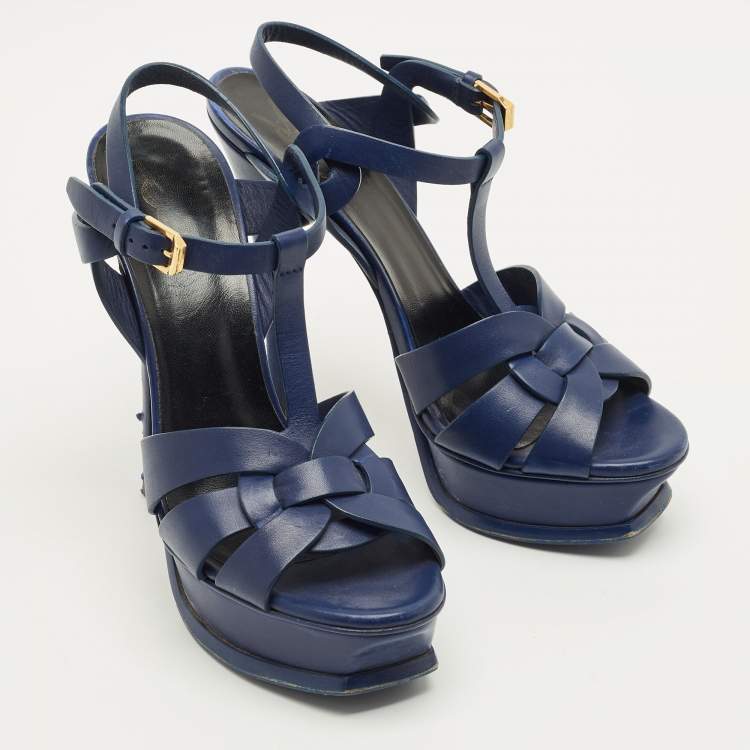 Pre Owned Saint Laurent Paris Tribute Size 37.5 Blue Leather Ankle Strap Sandals