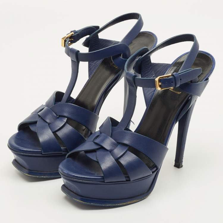 Pre Owned Saint Laurent Paris Tribute Size 37.5 Blue Leather Ankle Strap Sandals