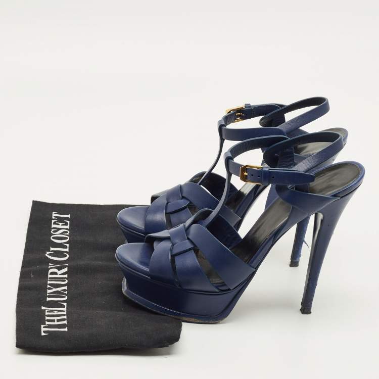 Pre Owned Saint Laurent Paris Tribute Size 37.5 Blue Leather Ankle Strap Sandals