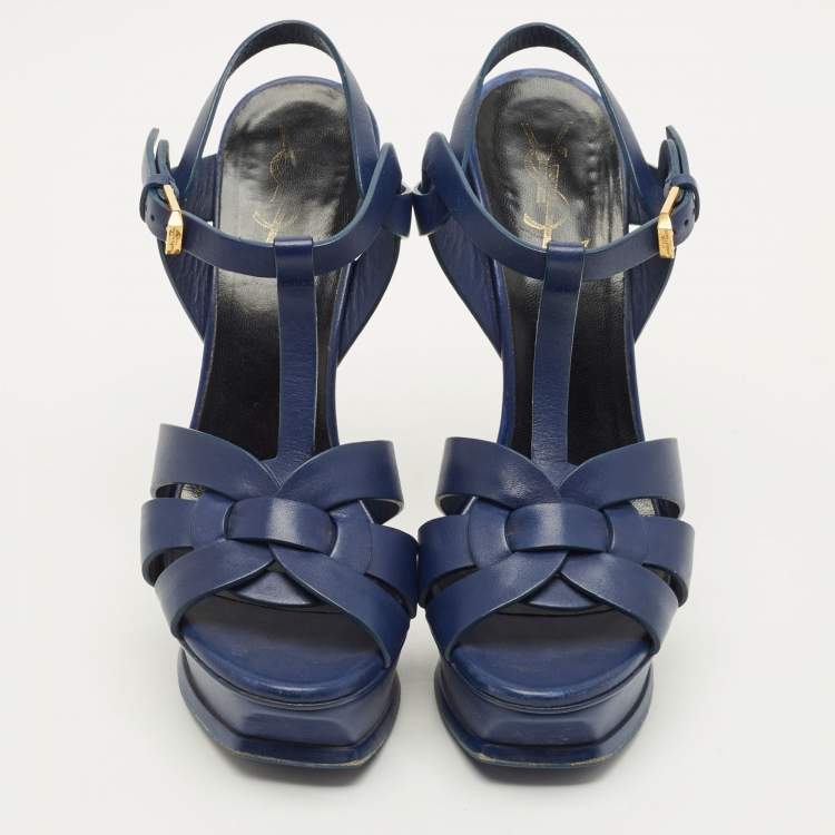 Pre Owned Saint Laurent Paris Tribute Size 37.5 Blue Leather Ankle Strap Sandals