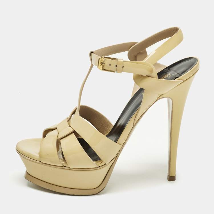 Pre Owned Saint Laurent Tribute Size 37.5 Beige Patent Leather Ankle Strap Sandals
