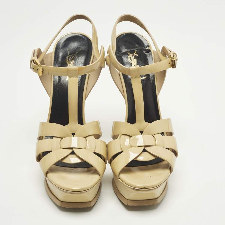 Pre Owned Saint Laurent Tribute Size 37.5 Beige Patent Leather Ankle Strap Sandals