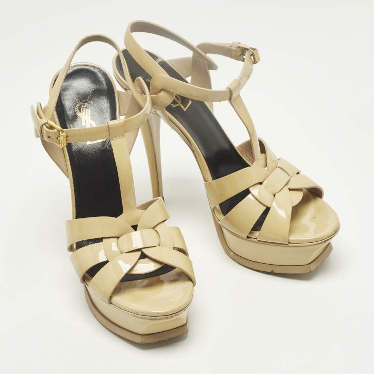 Pre Owned Saint Laurent Tribute Size 37.5 Beige Patent Leather Ankle Strap Sandals