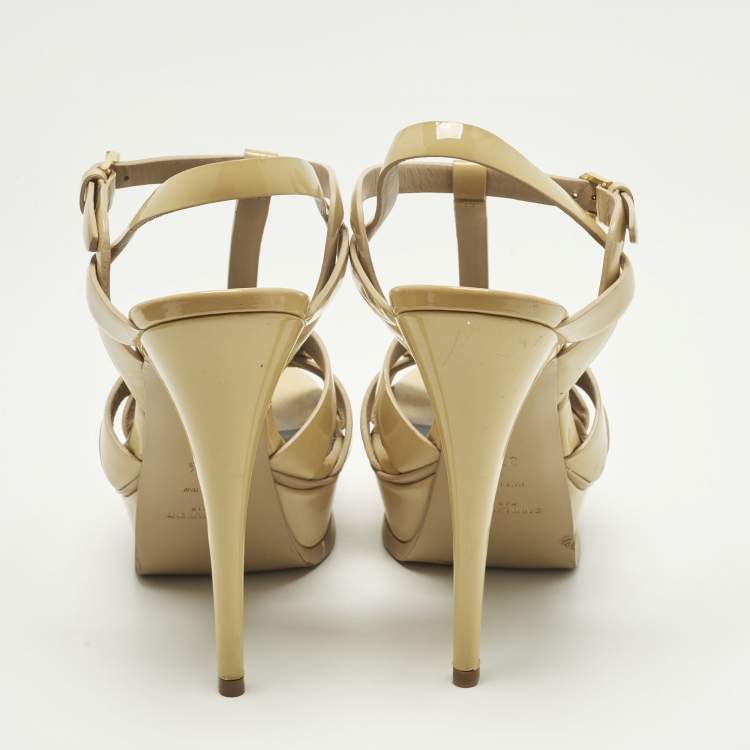 Pre Owned Saint Laurent Tribute Size 37.5 Beige Patent Leather Ankle Strap Sandals