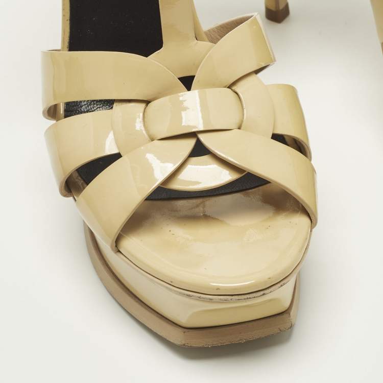 Pre Owned Saint Laurent Tribute Size 37.5 Beige Patent Leather Ankle Strap Sandals