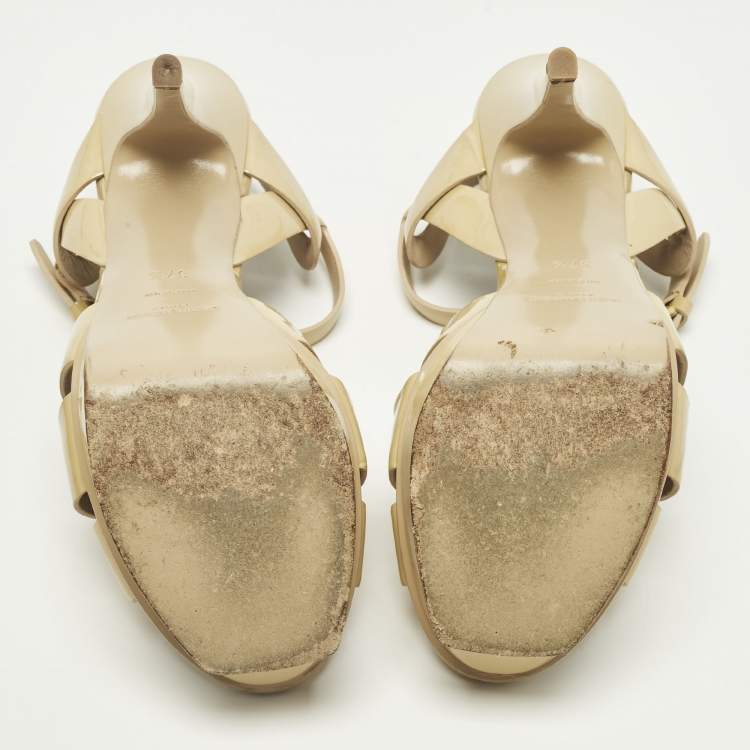 Pre Owned Saint Laurent Tribute Size 37.5 Beige Patent Leather Ankle Strap Sandals