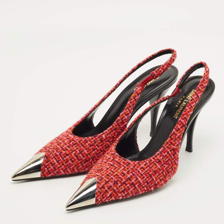 مملوكة مسبقًا Saint Laurent Size 39 Multicolor Tweed Metal Cap Toe Slingback Pumps