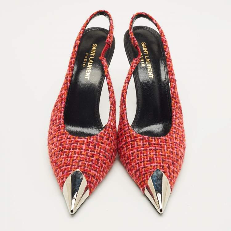 مملوكة مسبقًا Saint Laurent Size 39 Multicolor Tweed Metal Cap Toe Slingback Pumps