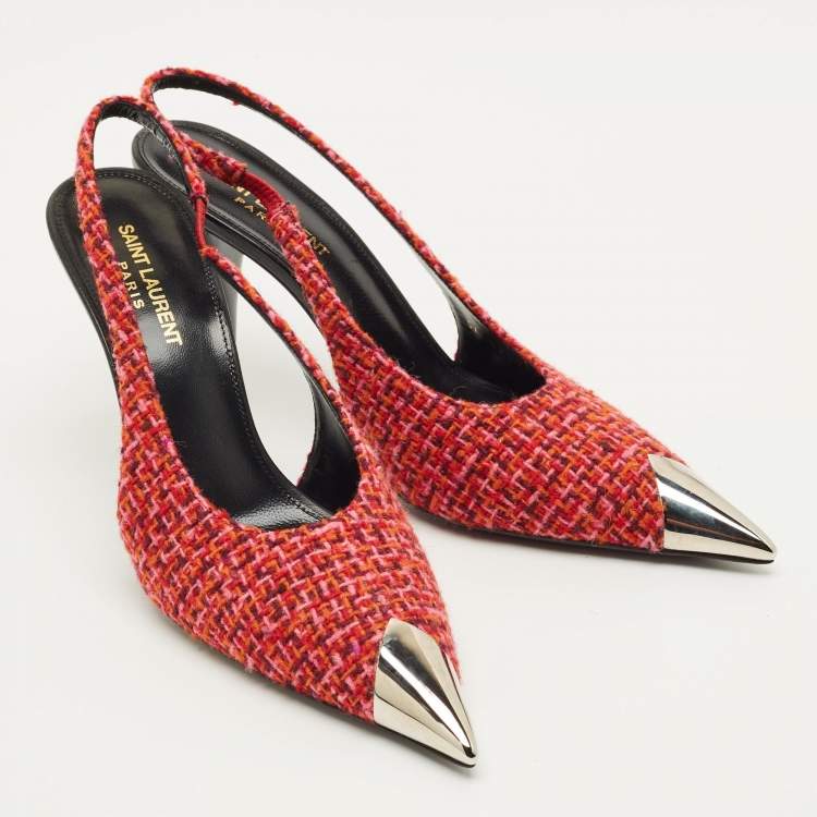مملوكة مسبقًا Saint Laurent Size 39 Multicolor Tweed Metal Cap Toe Slingback Pumps