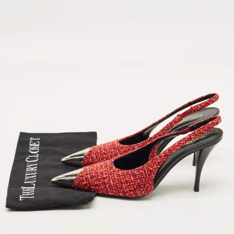 مملوكة مسبقًا Saint Laurent Size 39 Multicolor Tweed Metal Cap Toe Slingback Pumps