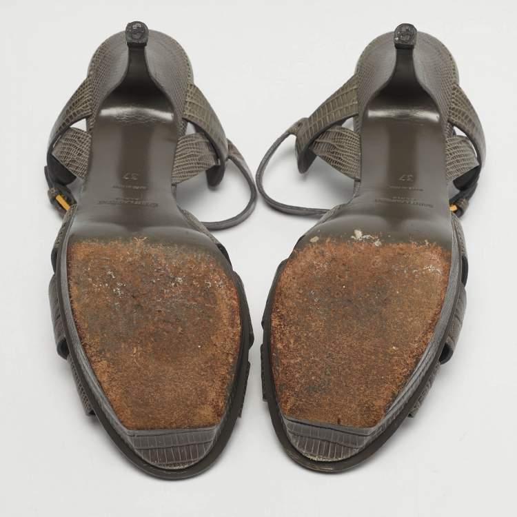 Pre Owned Saint Laurent Tribute Size 37 Grey Lizard Embossed Leather Platform Sandals