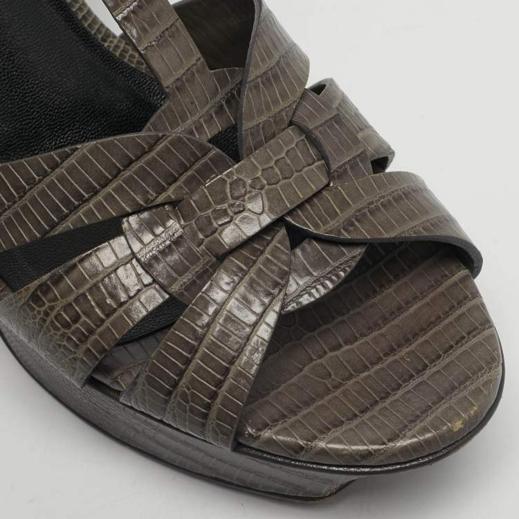 Pre Owned Saint Laurent Tribute Size 37 Grey Lizard Embossed Leather Platform Sandals